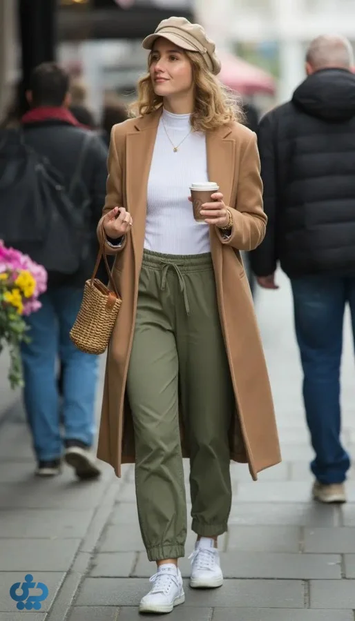 استایل با پالتو زیتونی را با بافت قهوهای بژ